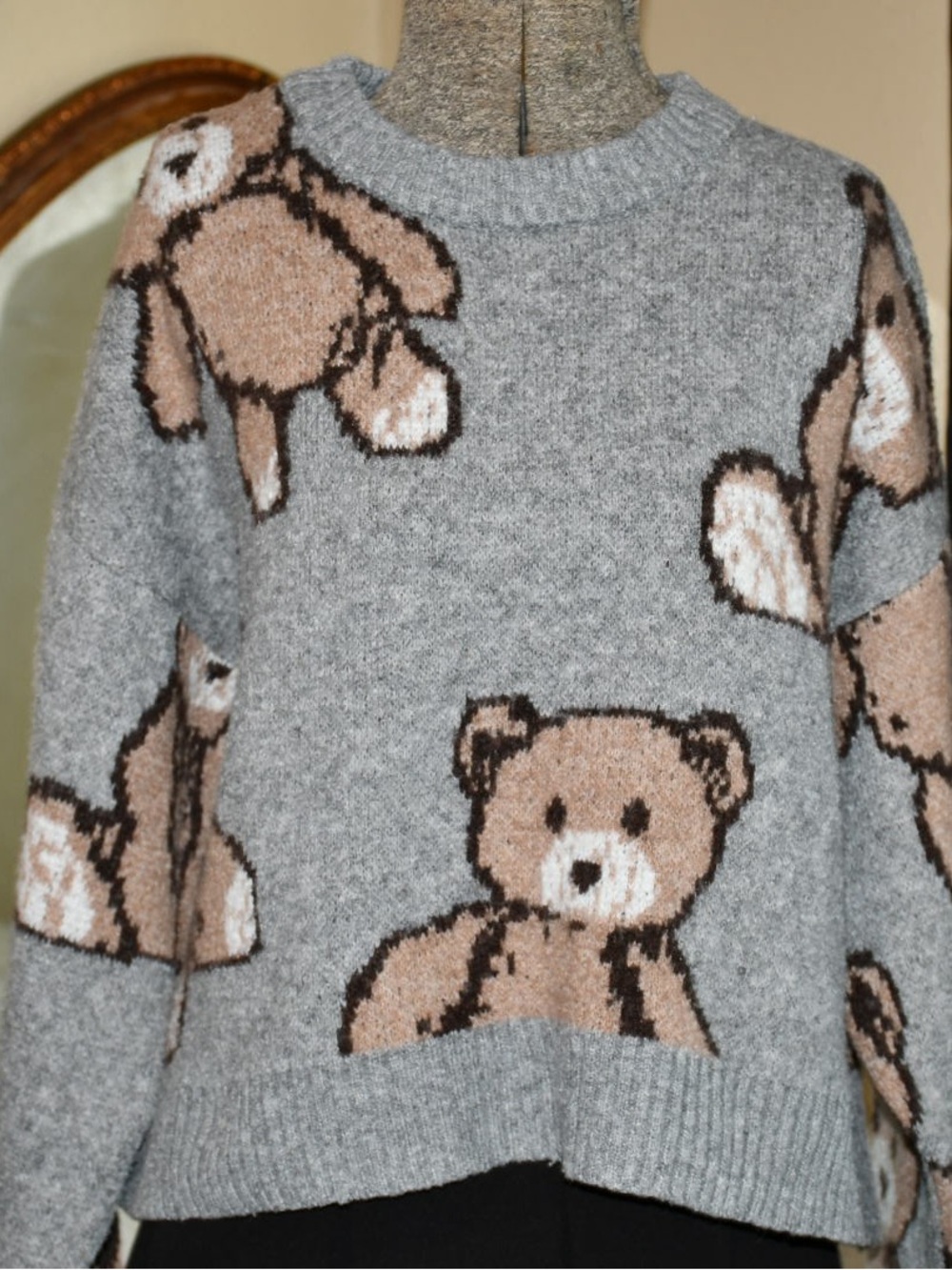 Forever 21 Gray Crewneck Sweater with Tan Teddy Bear Motif